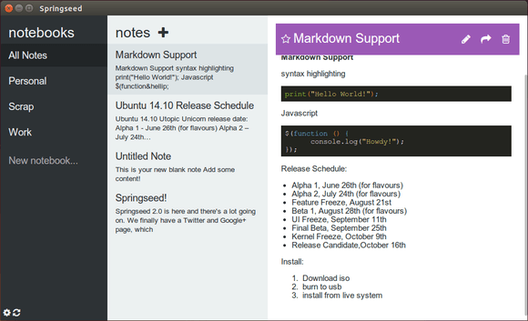 Springseed note-taking in Ubuntu 14.04