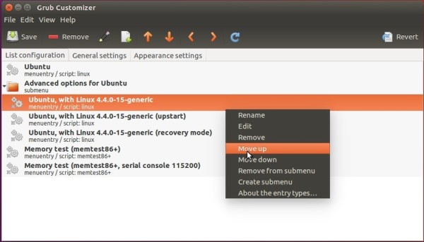 Grub Customizer, edit menu entries